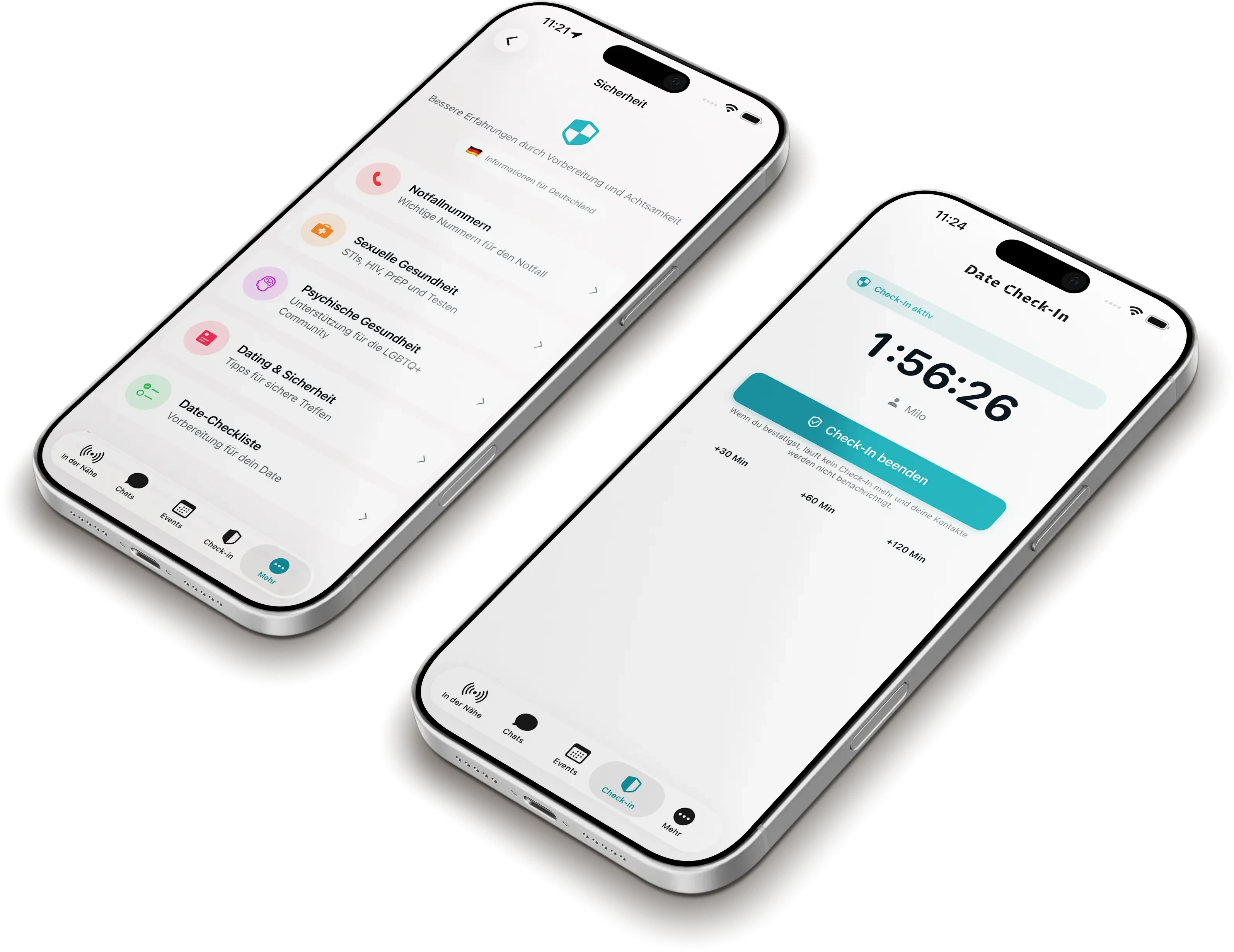 BONE App – Sicherheits-Screen und aktiver Date-Check-In-Timer auf zwei iPhones